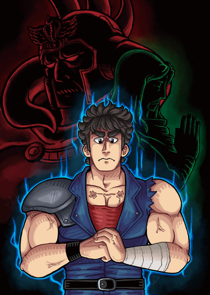 Digital painting of Kenshiro from Fist of the North Star. Behind him, partially illuminated are Raoh and Toki.