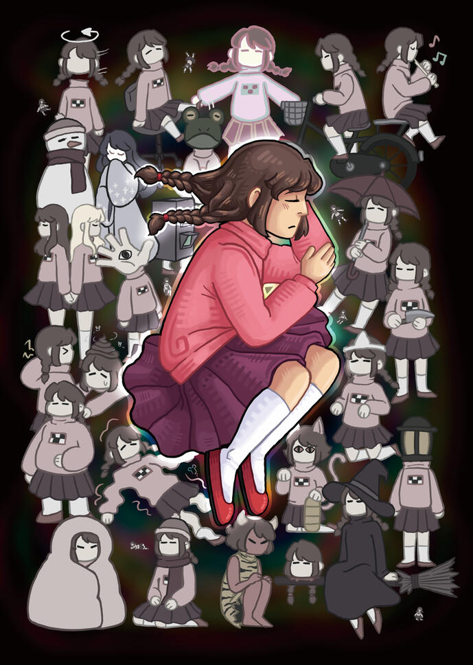 Digital painting of Madotsuki from Yume Nikki surrounded by the different effects she gathers throughout the game.